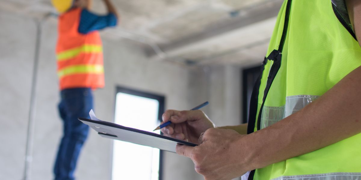 Person in safety vest takes notes while another worker does ceiling work. Construction site.
