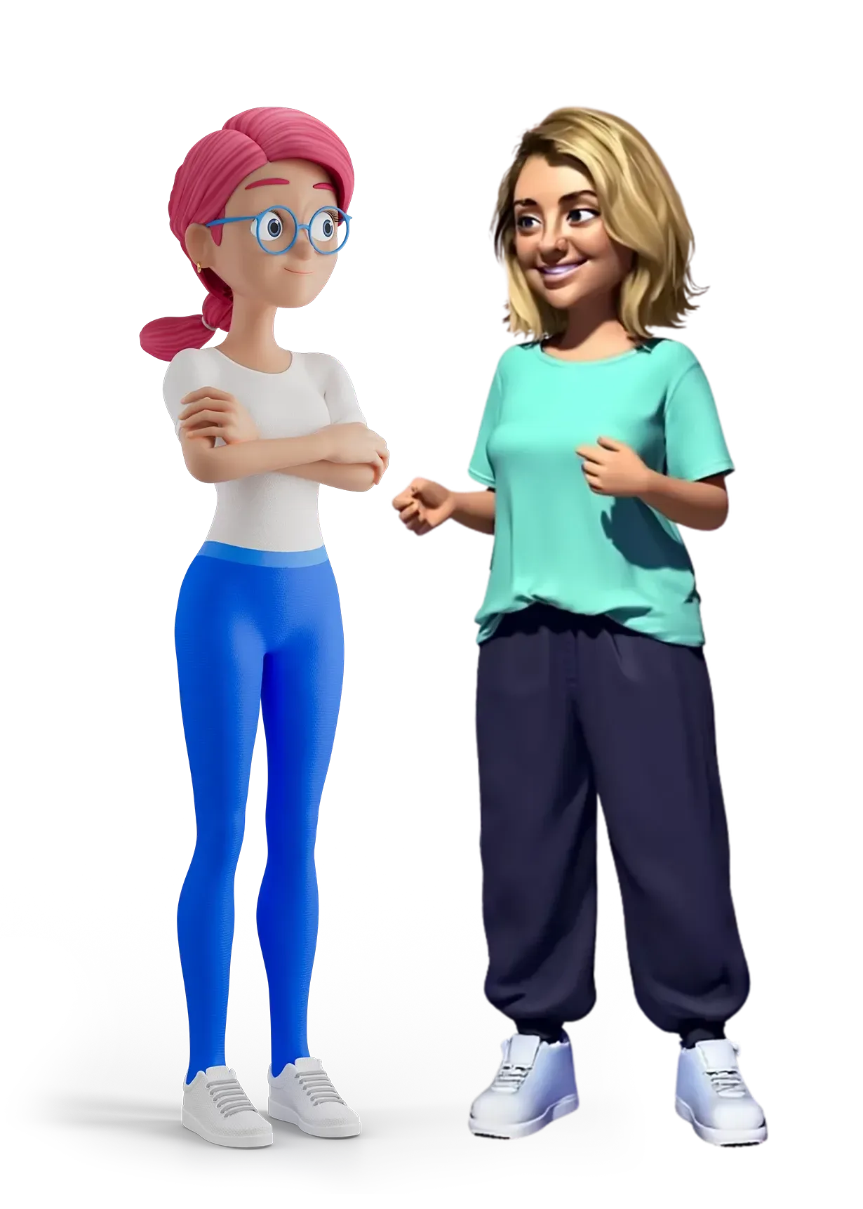 Two cartoon characters are standing next to each other on a white background.