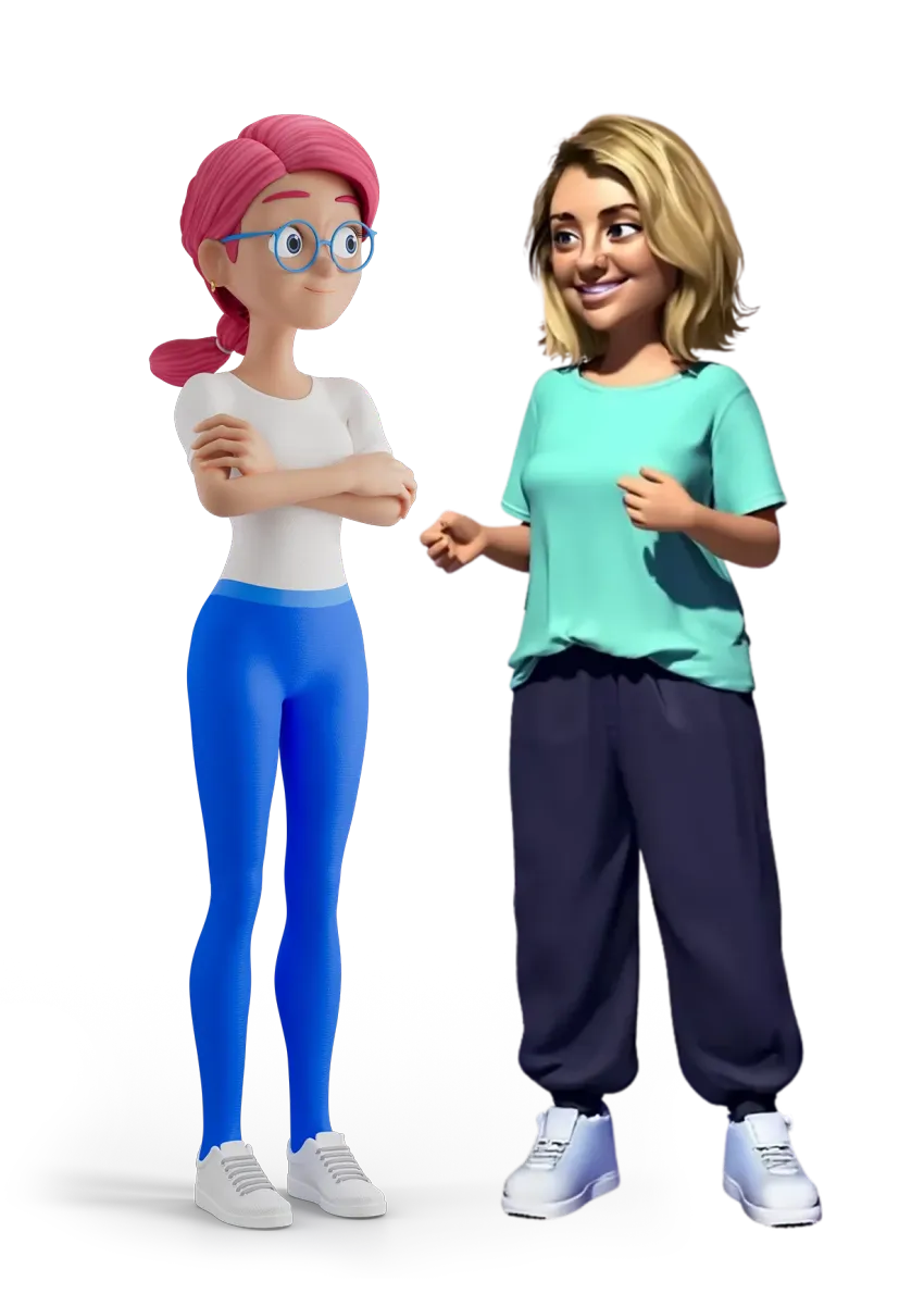Two cartoon characters are standing next to each other on a white background.