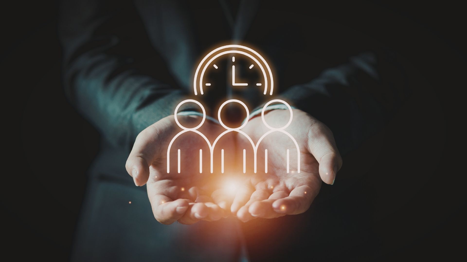Hands cupped around glowing people icons and a clock, symbolizing teamwork and time management.
