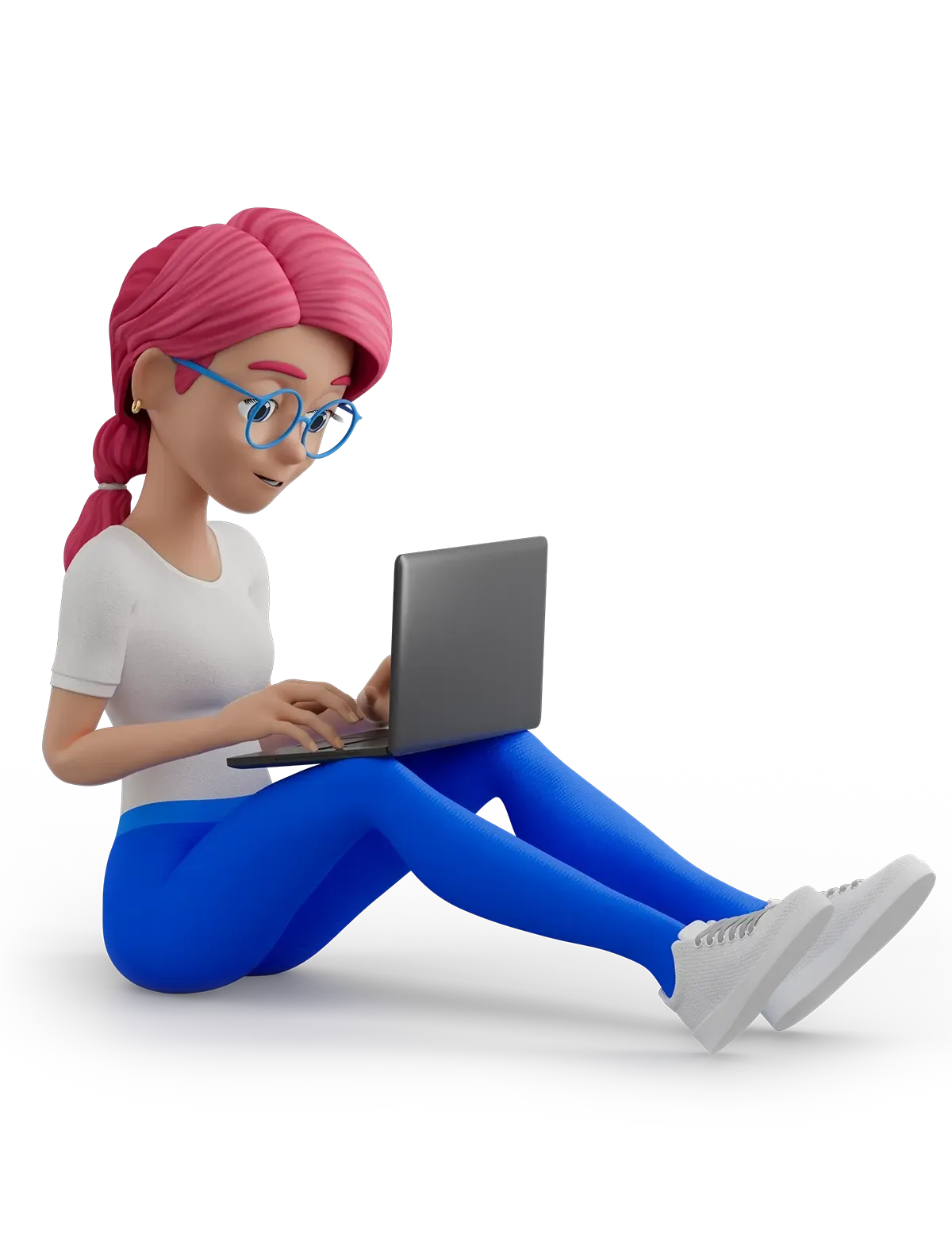 A cartoon girl is sitting on the floor using a laptop computer.