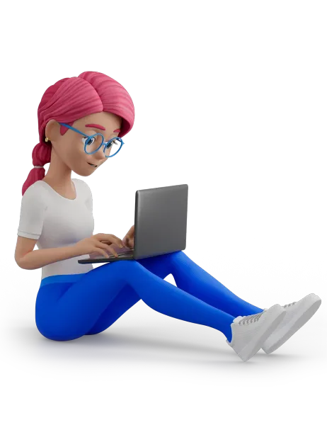 A cartoon girl is sitting on the floor using a laptop computer.