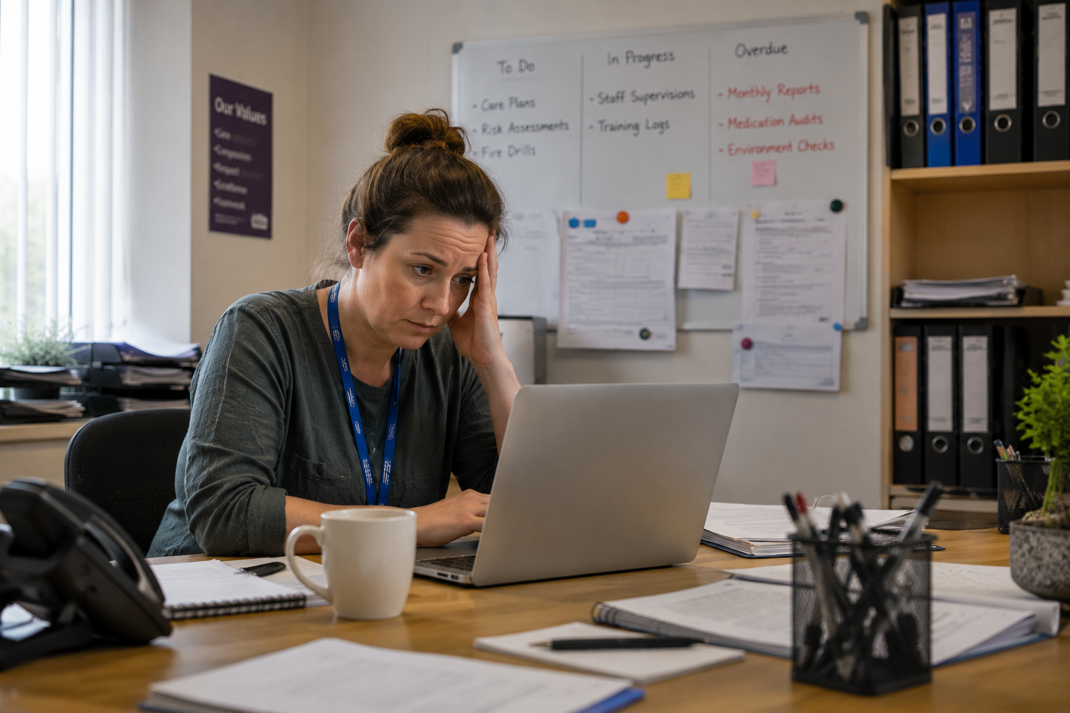 Person working at a desk with a laptop in an office, surrounded by papers and office supplies