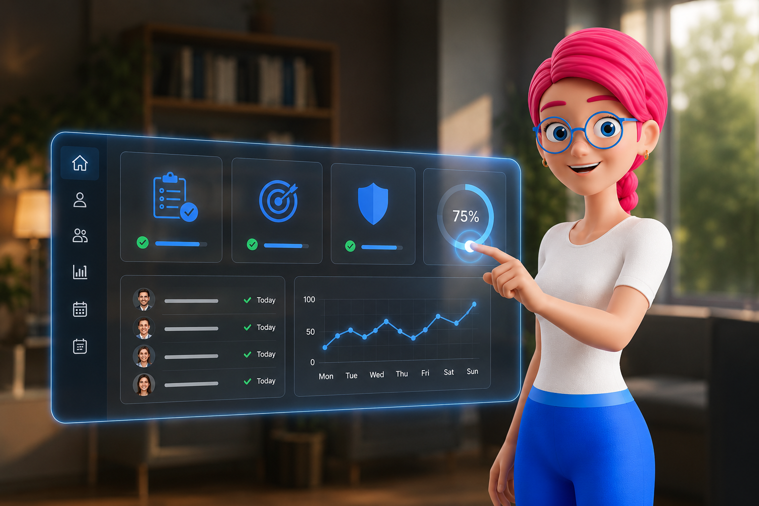 Smiling Sue Solutions pointing at a glowing analytics dashboard in a modern room