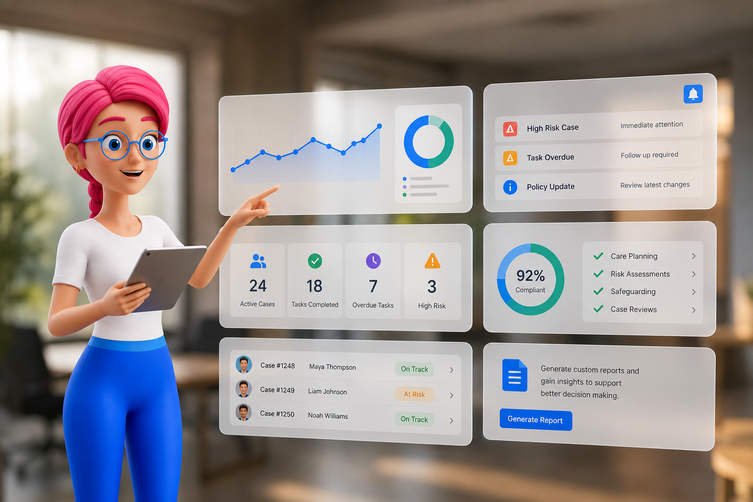 Woman presenting a dashboard with charts, metrics, and task cards on a large screen.