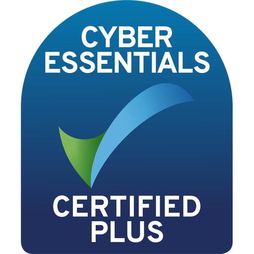Cyber Essentials Certified Plus badge with a blue and green checkmark.