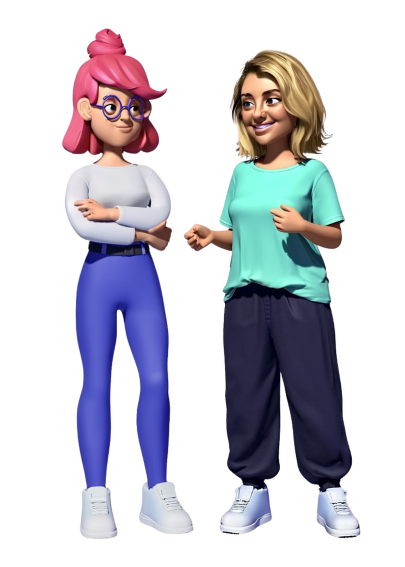 Two cartoon characters are standing next to each other on a white background.