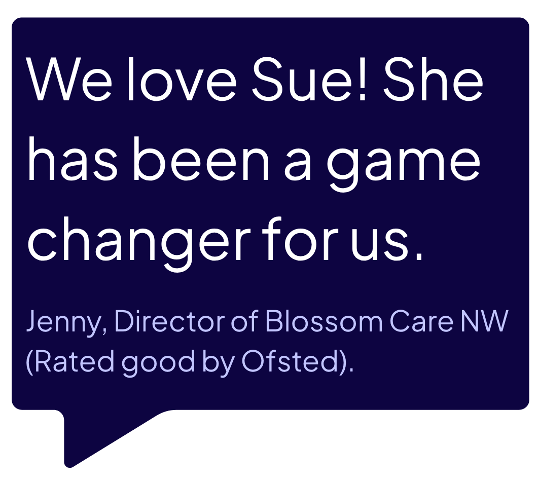 A blue speech bubble with the words `` we love sue ! she has been a game changer for us . ''