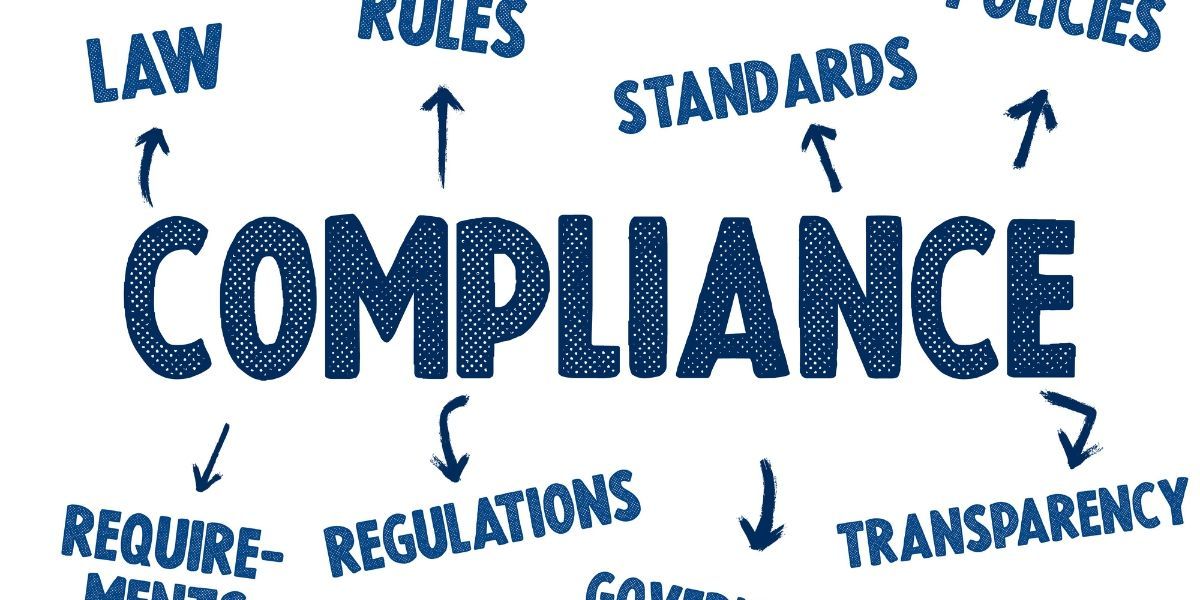 Blue “COMPLIANCE” text with arrows to words like law, rules, standards, policies, regulations, and transparency.