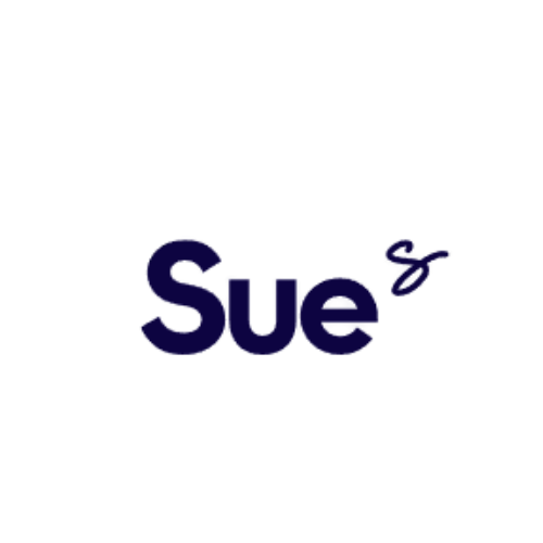A blue logo for sue 's is on a white background.