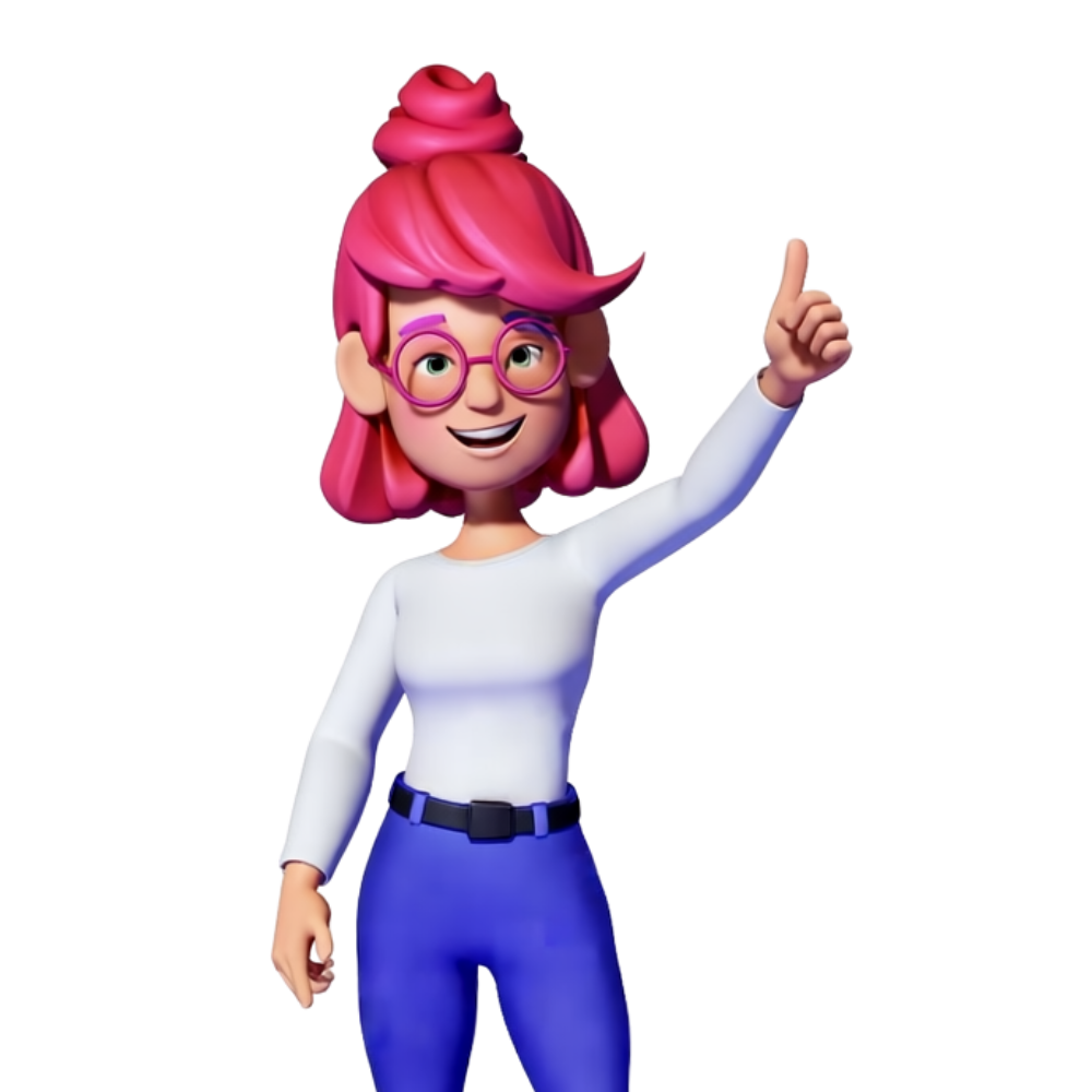 A cartoon girl with pink hair and glasses is giving a thumbs up