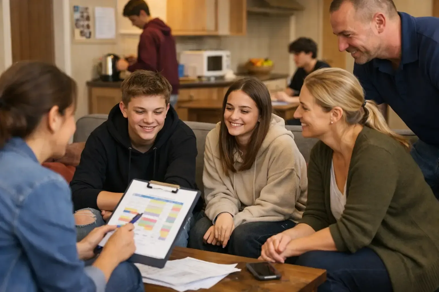 People gathered around a table reviewing a chart in a cozy kitchen setting