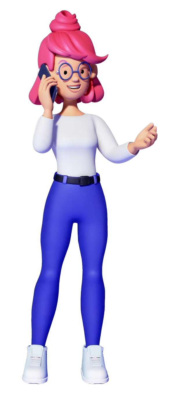 A cartoon girl with pink hair and glasses is talking on a cell phone.