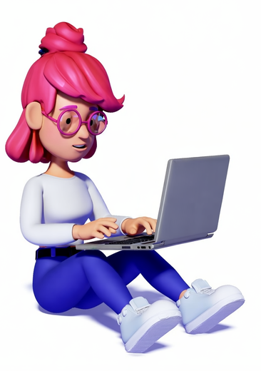 A cartoon girl is sitting on the floor using a laptop computer.