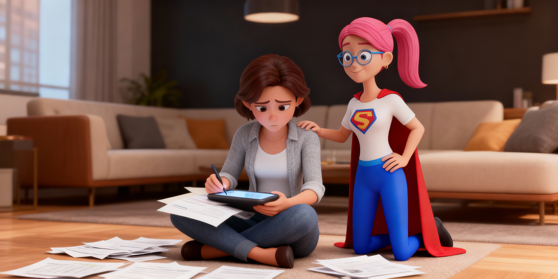 A woman sits cross-legged, reviewing papers. A cartoon superhero kneels beside her, comforting her in a living room.