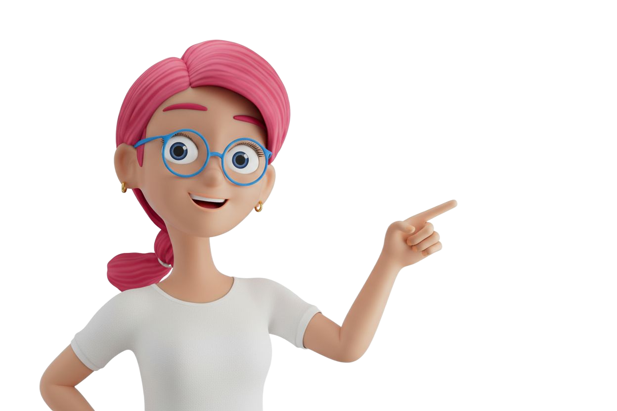 A cartoon girl with pink hair and glasses is giving a thumbs up