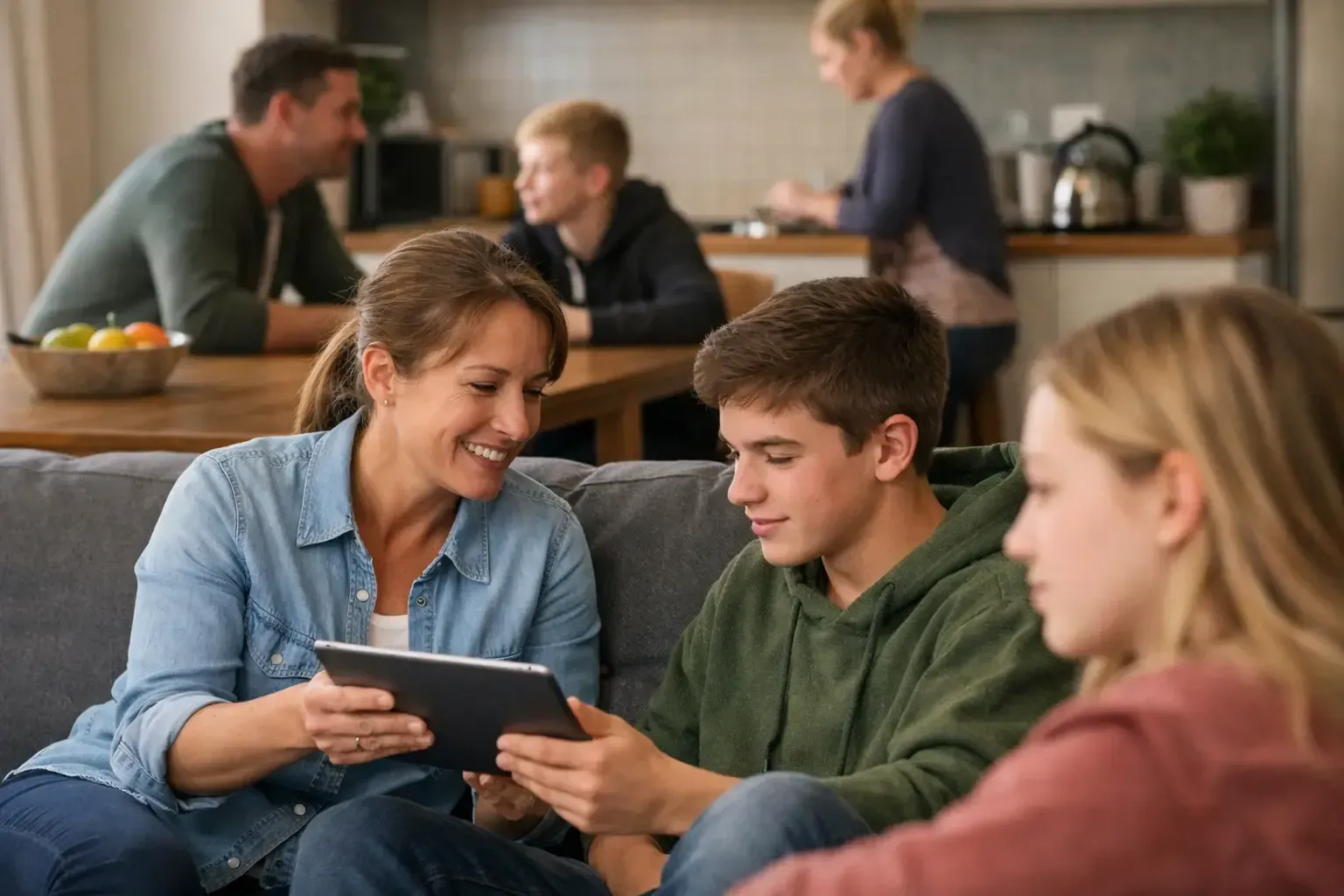 Family sitting together on a couch, smiling and looking at a tablet in a cozy kitchen-living room.