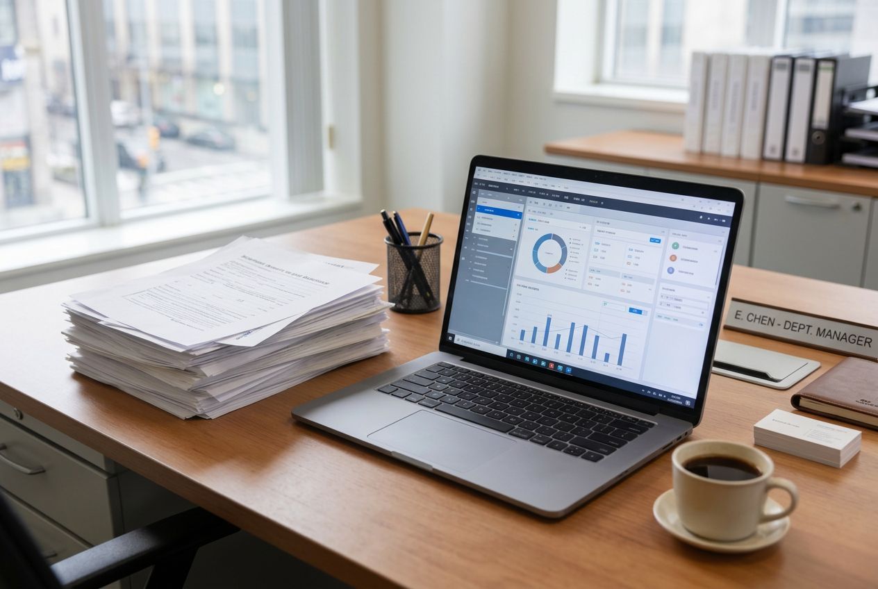 Laptop with analytics charts on a wooden desk beside stacked papers and a coffee cup by a bright window