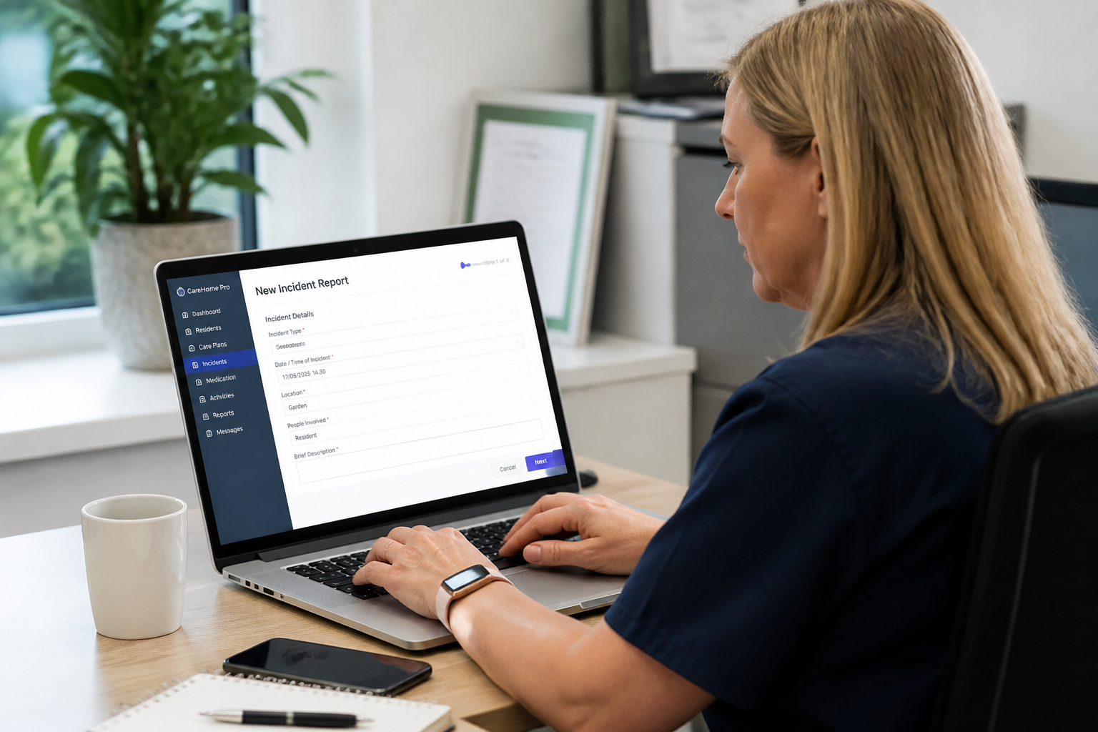 Woman typing on a laptop at a desk in a bright office, with a coffee mug and potted plant nearby.