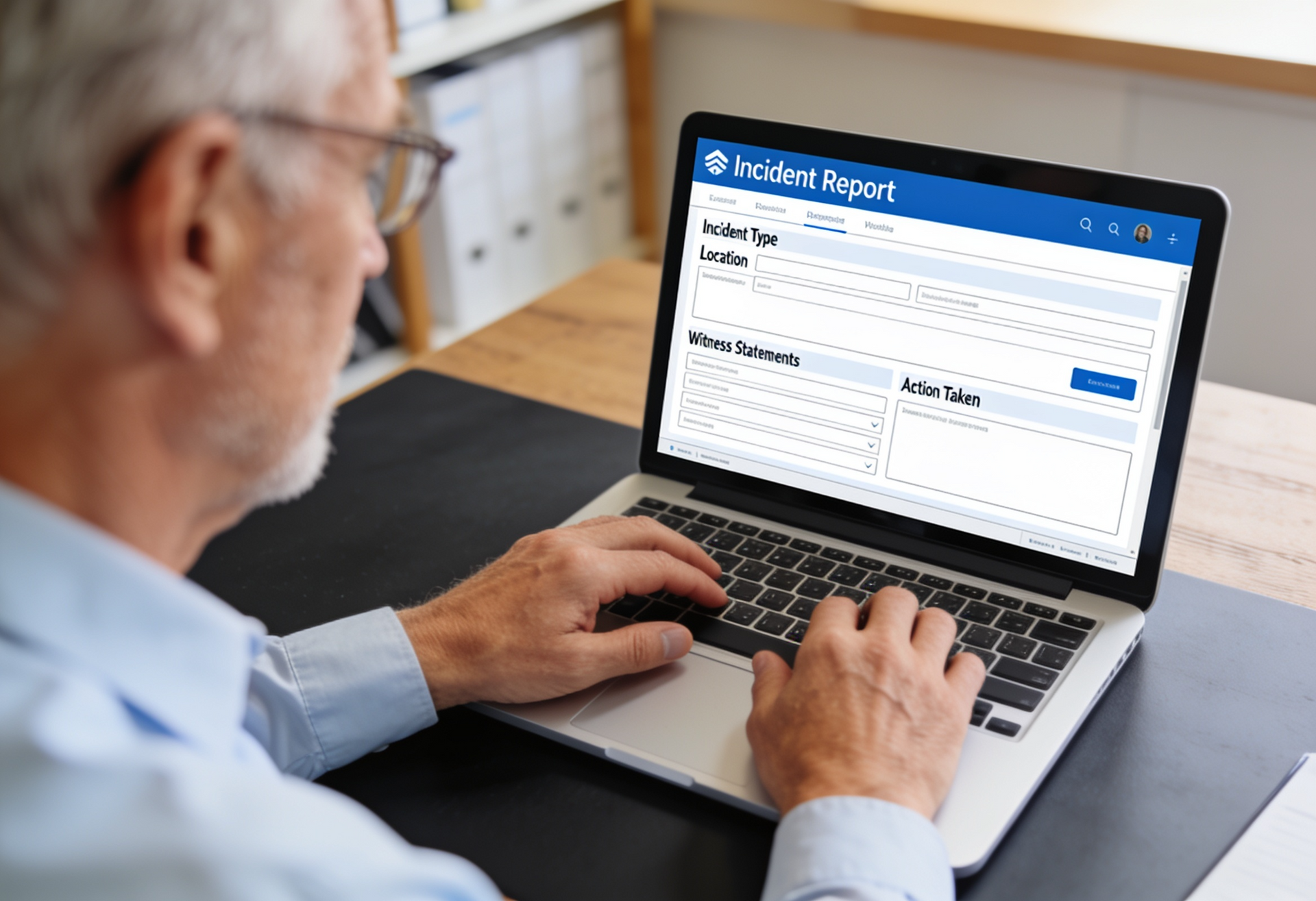 Person typing on a laptop displaying a help desk support webpage at a desk
