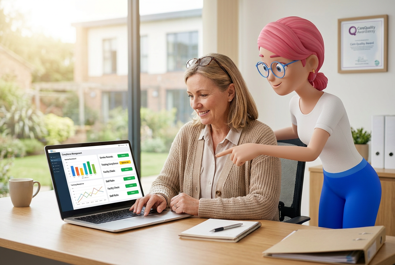 Woman working on a laptop while a pink-haired assistant points at the screen in a bright office