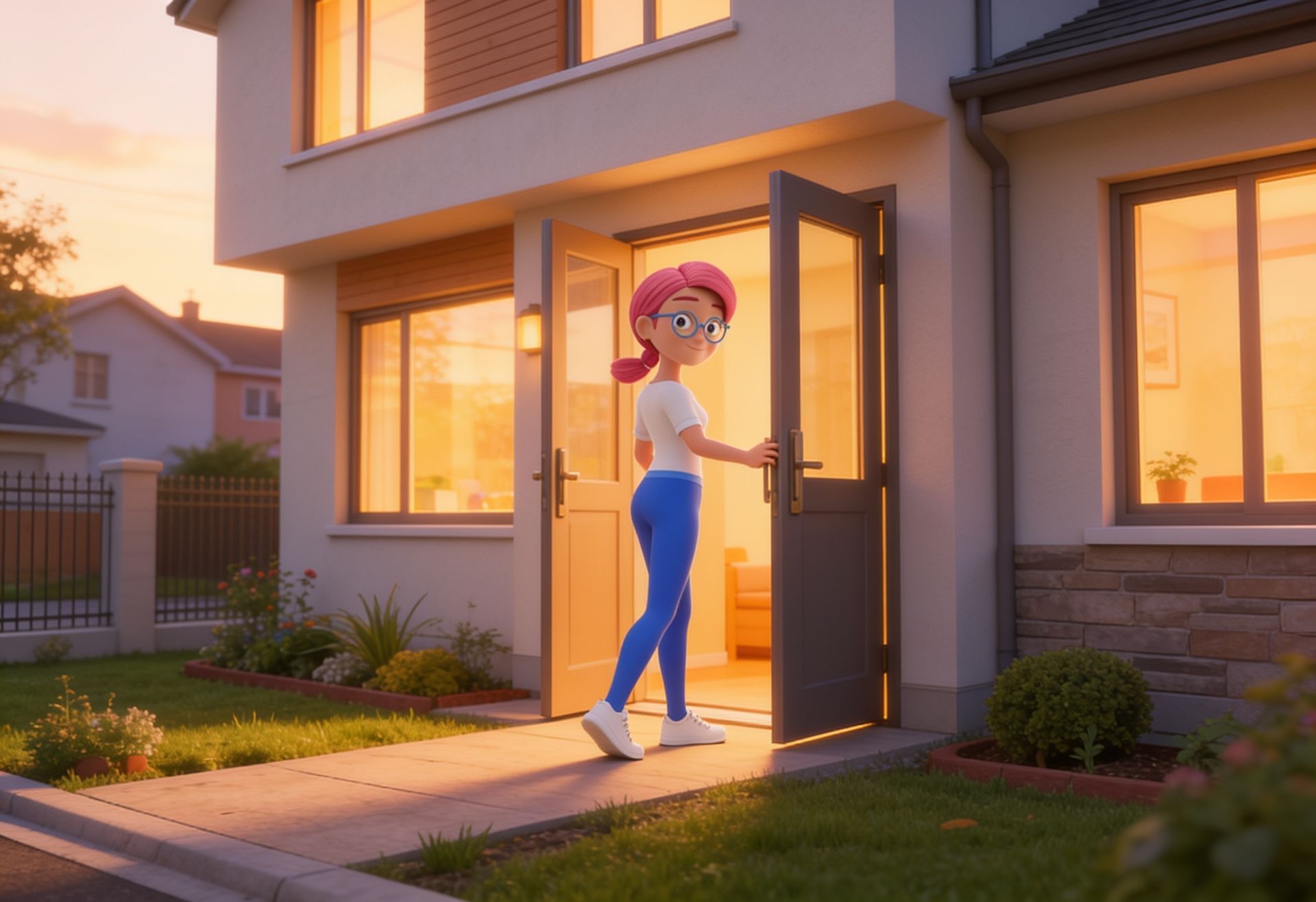 Person in blue pants opens a front door of a house at sunset.