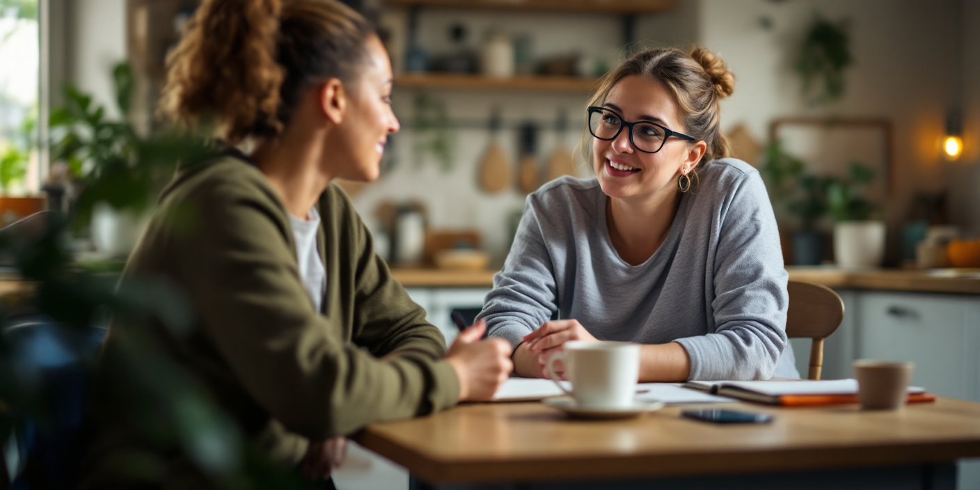 Two people talking over coffee at a kitchen table, smiling in a cozy home setting