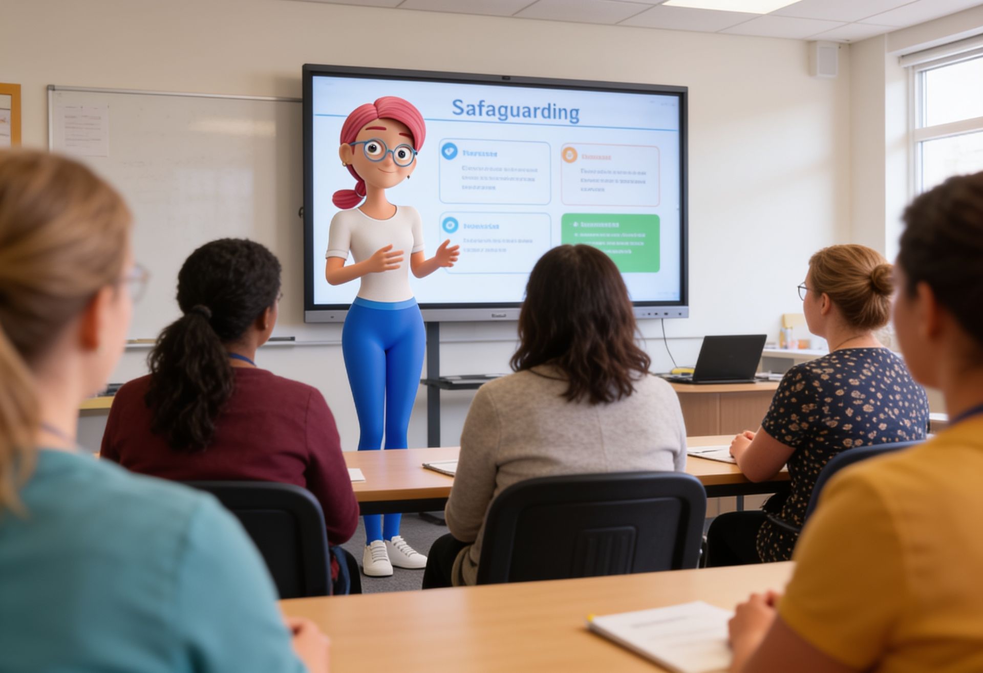 Presenter with red hair giving a slide presentation to a seated audience in a bright classroom