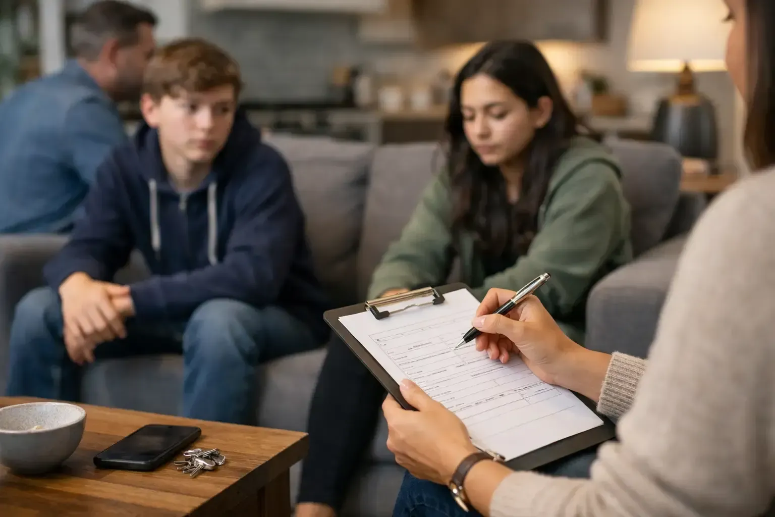 Therapist taking notes while speaking with two seated clients in a living room