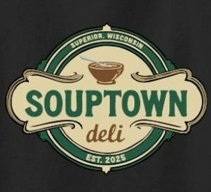Logo for Souptown deli in Superior, Wisconsin, featuring a bowl of soup, green and tan colors. Est. 2025.