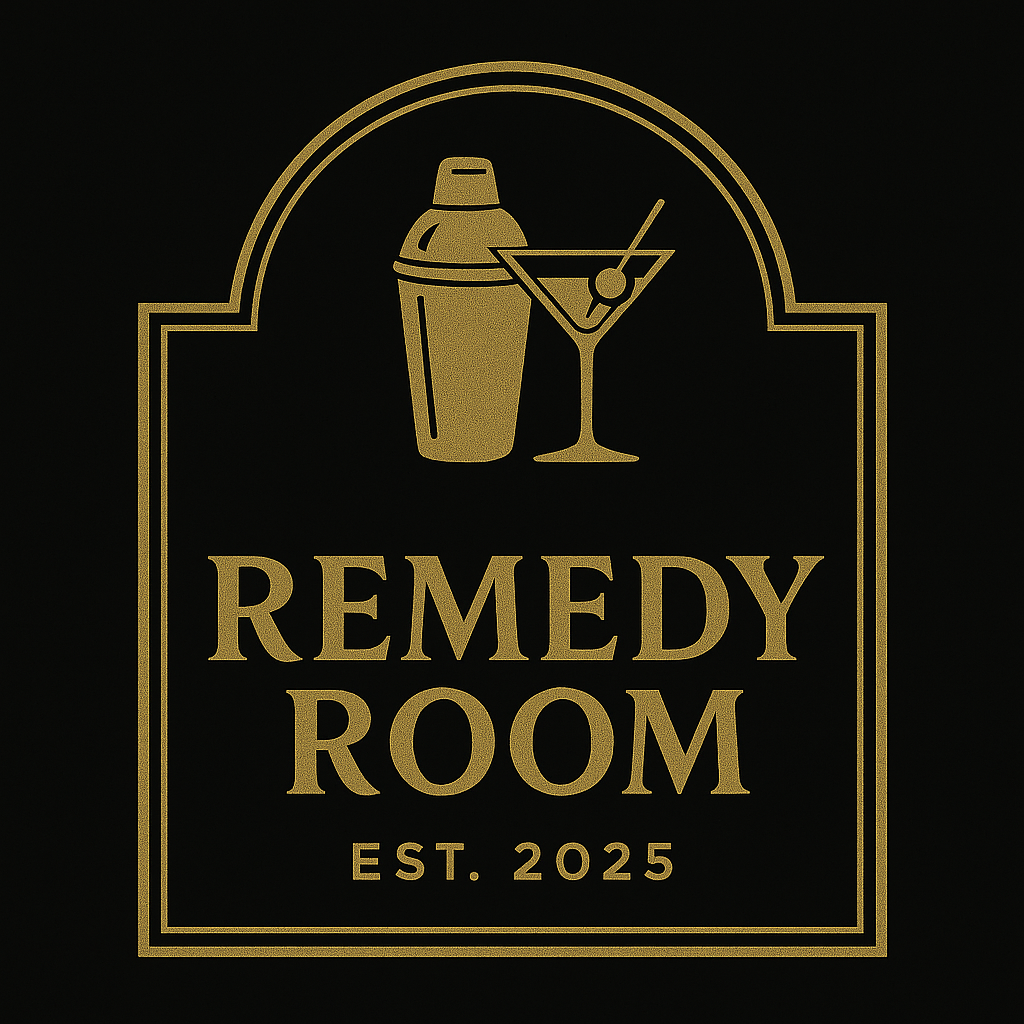 Logo for Remedy Room cocktail bar. Black background with gold outline. Text: 
