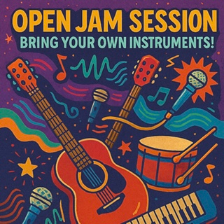 Poster for an open jam session, featuring guitars, microphones, a drum, and keyboard with colorful musical designs.