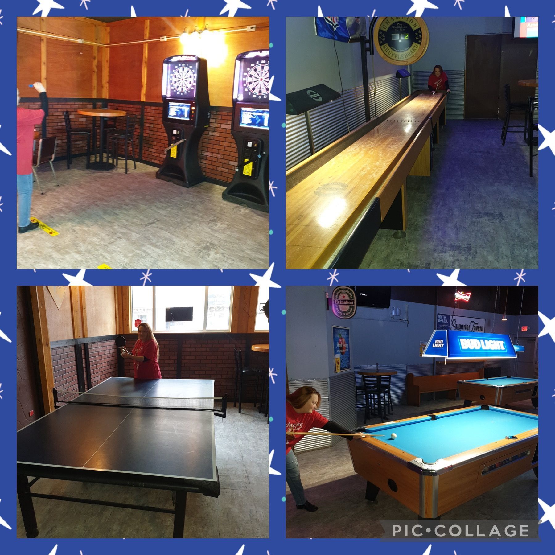 Four game room views: darts, shuffleboard, ping pong, and pool. People are playing each game.
