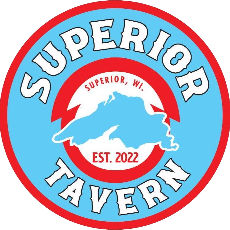 Logo for Superior Tavern in Superior, WI, featuring Lake Superior outline, blue, red, and white text.