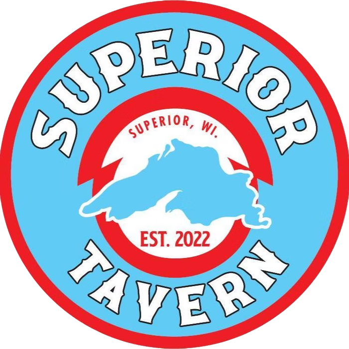 Logo for Superior Tavern in Superior, WI, with outline of Lake Superior, surrounded by text, in red, blue, and white.