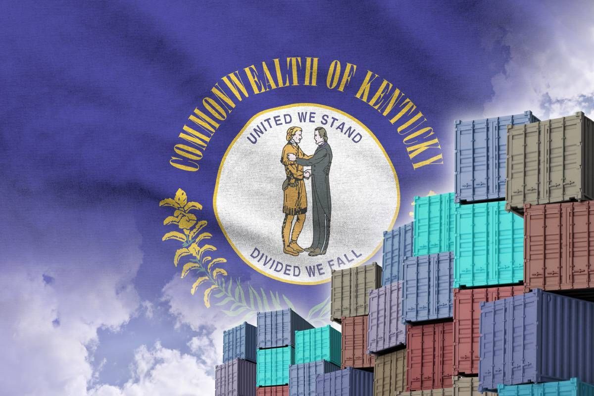 The Kentucky State Flag with a stack of mobile storage containers near Richmond, (KY)