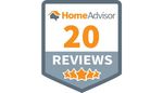 A home advisor badge with 20 reviews and three stars.