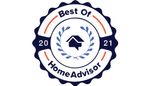 A blue and white badge that says best of home advisor