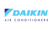 The logo for daikin air conditioners is blue and white.