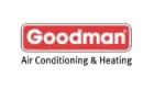 The logo for goodman air conditioning and heating is red and white.