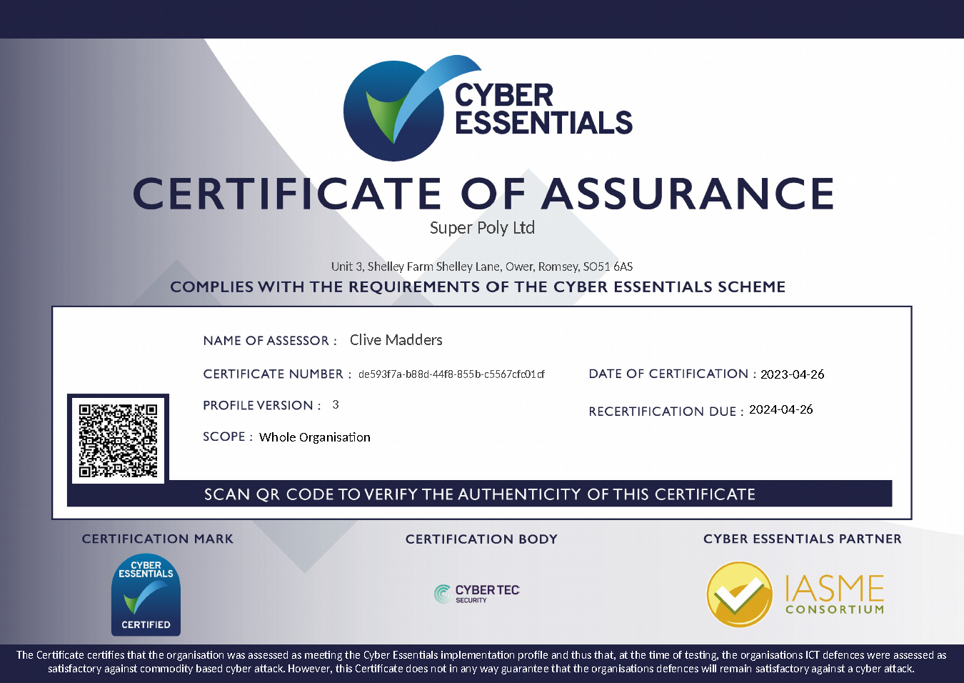 a cyber essentials certificate of assurance is displayed on a white background .