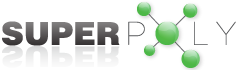 a super poly logo with green molecules on a white background