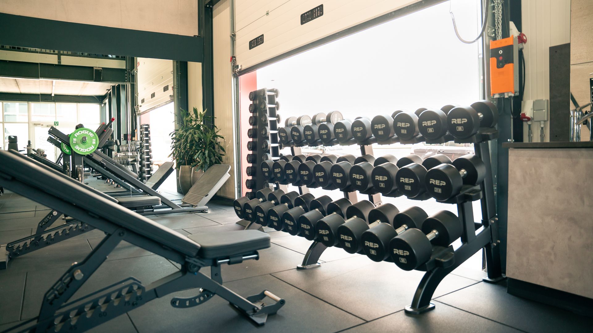 Een sportschool met veel halters en een bank.