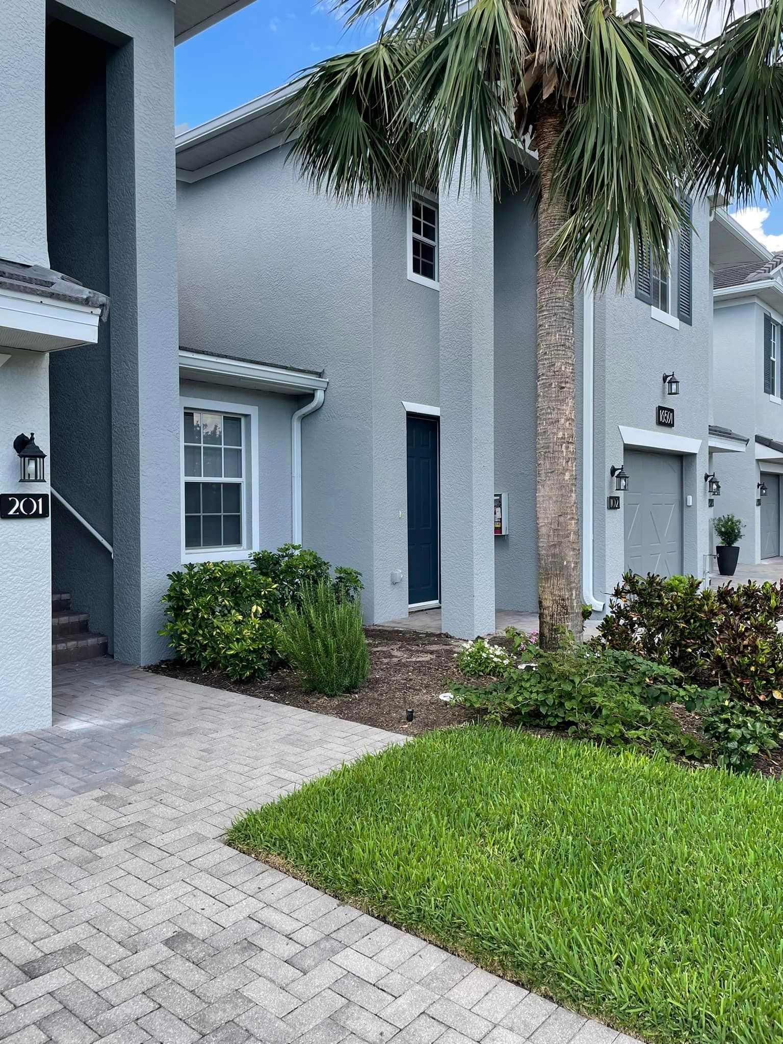 Row of blue-gray townhouses with brick path, green grass, and palm tree in front.