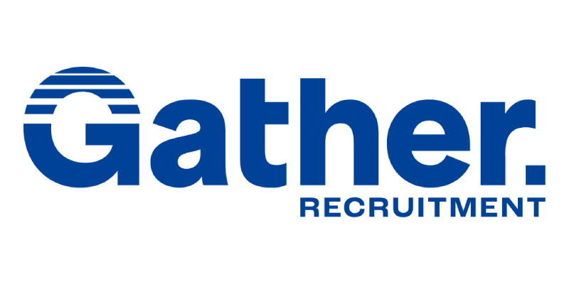 The logo for gather recruitment is blue and white.