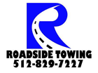 Logo for Roadside Towing: blue "R" shape with road, black text and phone number on white.