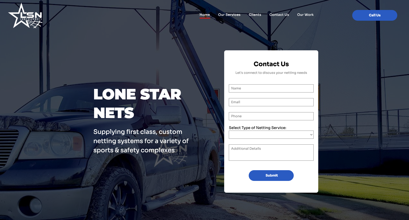 A dark website header for Lone Star Nets featuring a work truck and a