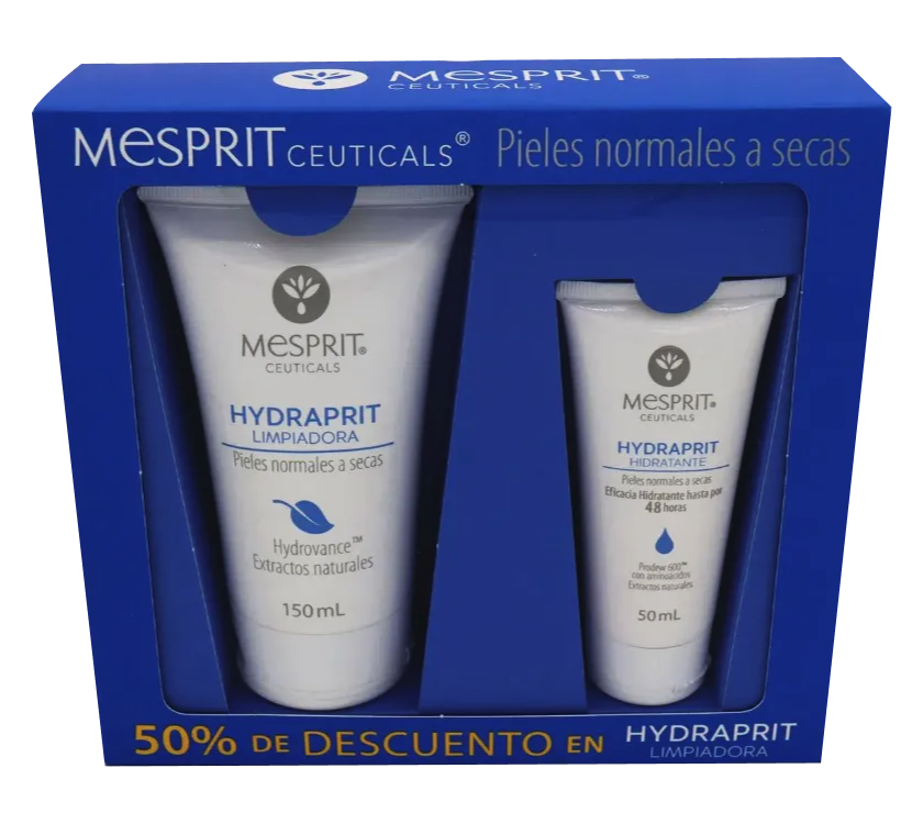 Una caja azul contiene dos botellas de Mesprit Ceuticals.