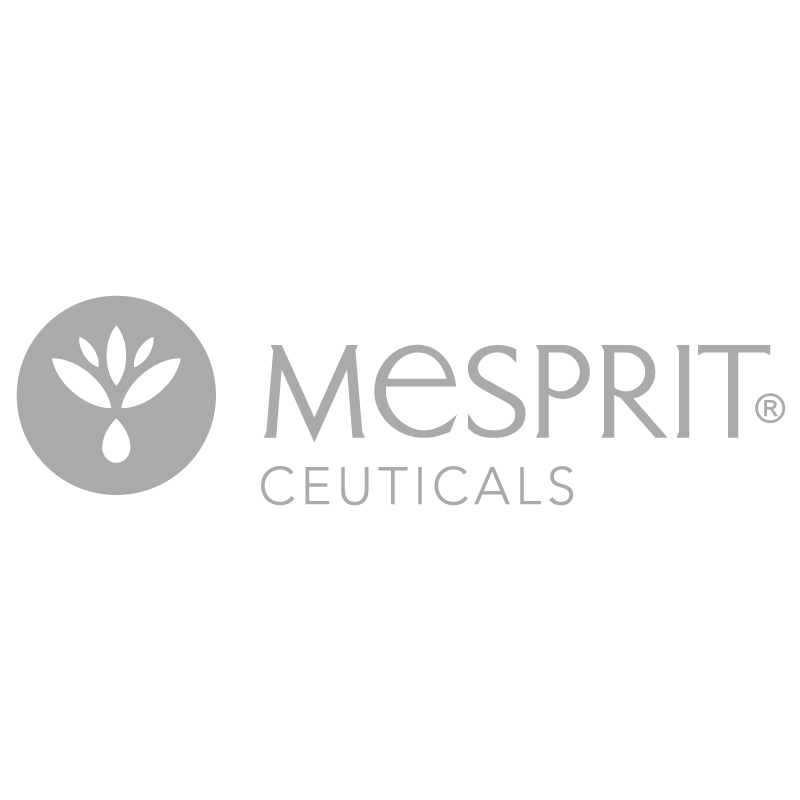 El logotipo de Mesprit Ceuticals es un círculo rojo con una gota de agua dentro.