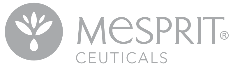 El logotipo de Mesprit Ceuticals es gris y tiene una gota de agua en el medio.